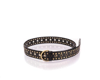 Wide Leather Studded Belt: Brass Buckle, Western Style