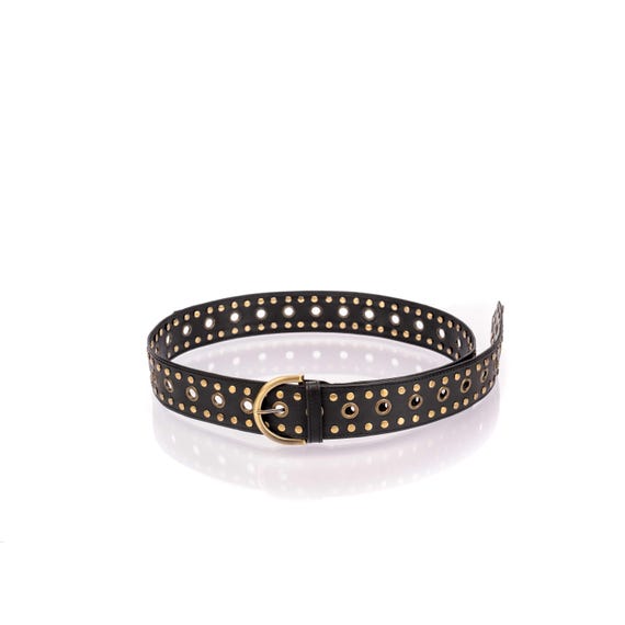 Studded Wide Leather Belt with Brass Accents Brass Pyramid Studded Leather Belt, 3 Rows| Leatherpunk main image 2