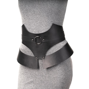Elegant waist cinching leather corset, Wide waist belt, Peplum harness under bust belt