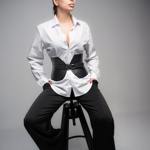 Wide Genuine Leather Waist Belt: Corset Style Belt for Dresses & Blazers