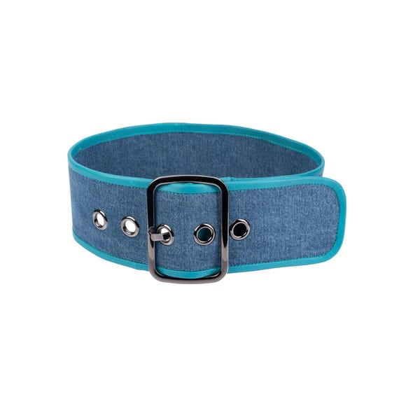Wide Denim Belt: Turquoise Leather Trim, Metal Buckle