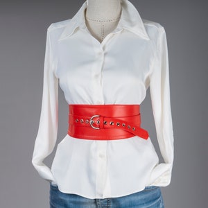 Red Leather Obi Belt: Silver Buckle Sash Tie Wrap - XS-3X