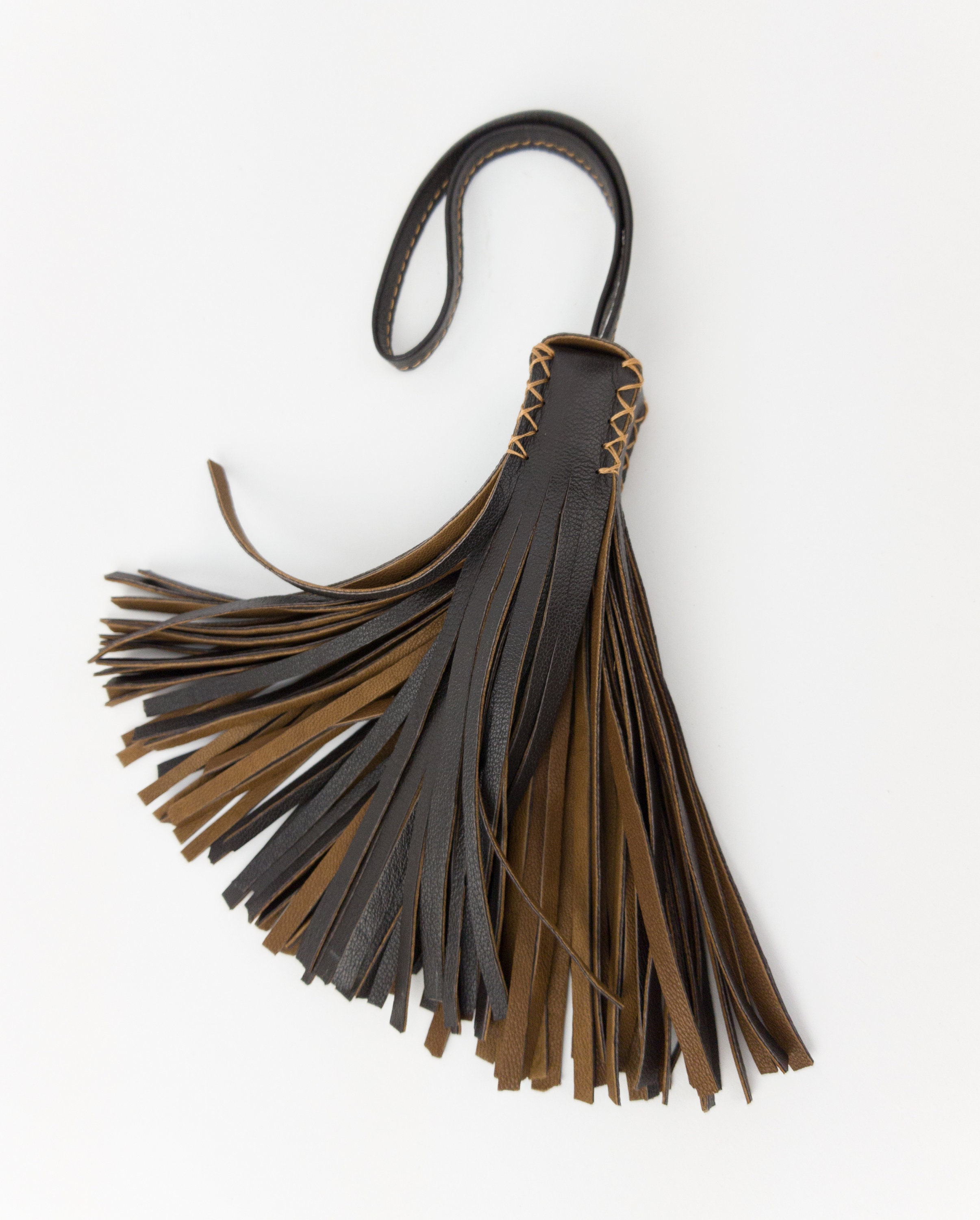 Brown Tan duo color leather tassel. Colorful charm pendant for bag. Big leather tassel for bag. Jewelry for Bag