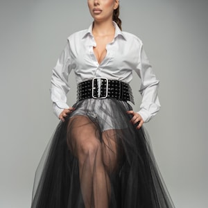 Cinturón negro de charol con tachuelas para mujer, cinturón ancho con hebilla extragrande, 10 cm (4"), tallas L–XXL