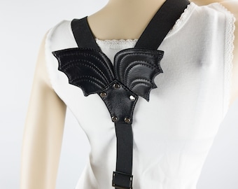 Bretelles noires avec ailes en cuir | Broches unisex harness strap | Accessoires cadeaux