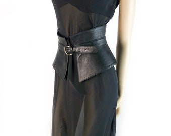 Black  Leather Peplum Belt, Womens Leather Belt, Corset Belt, Waist Cincher, Harness Belt, Dress Belt, Obi Belt