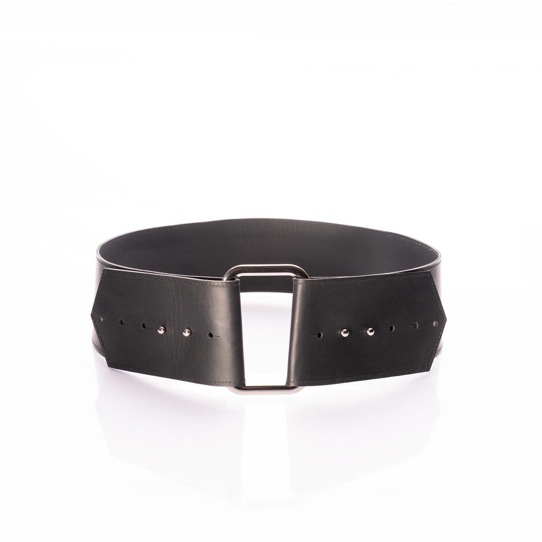 Wide Black Leather Corset Belt: Square Buckle Waist Cincher, Sizes