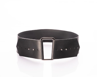 Wide Black Leather Corset Belt: Square Buckle Waist Cincher, Sizes XS - 3XL