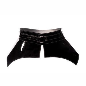 Cinturón corsé peplum de charol negro para mujer con herrajes dorados, talla L (cintura de 76-81 cm), listo para enviar.