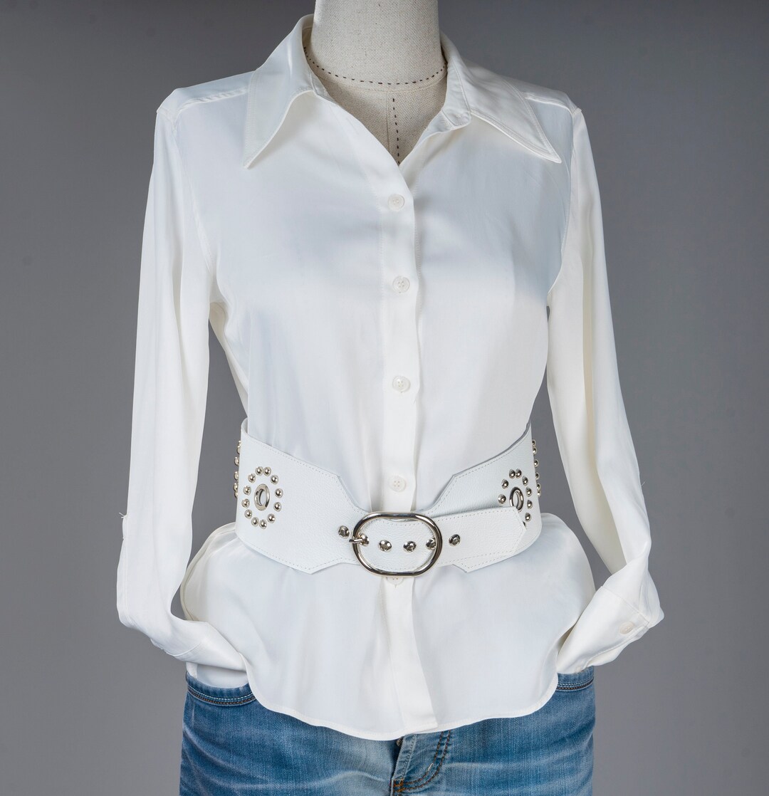 Wide White Leather Belt: Silver Studded Western Cowboy Style - Etsy