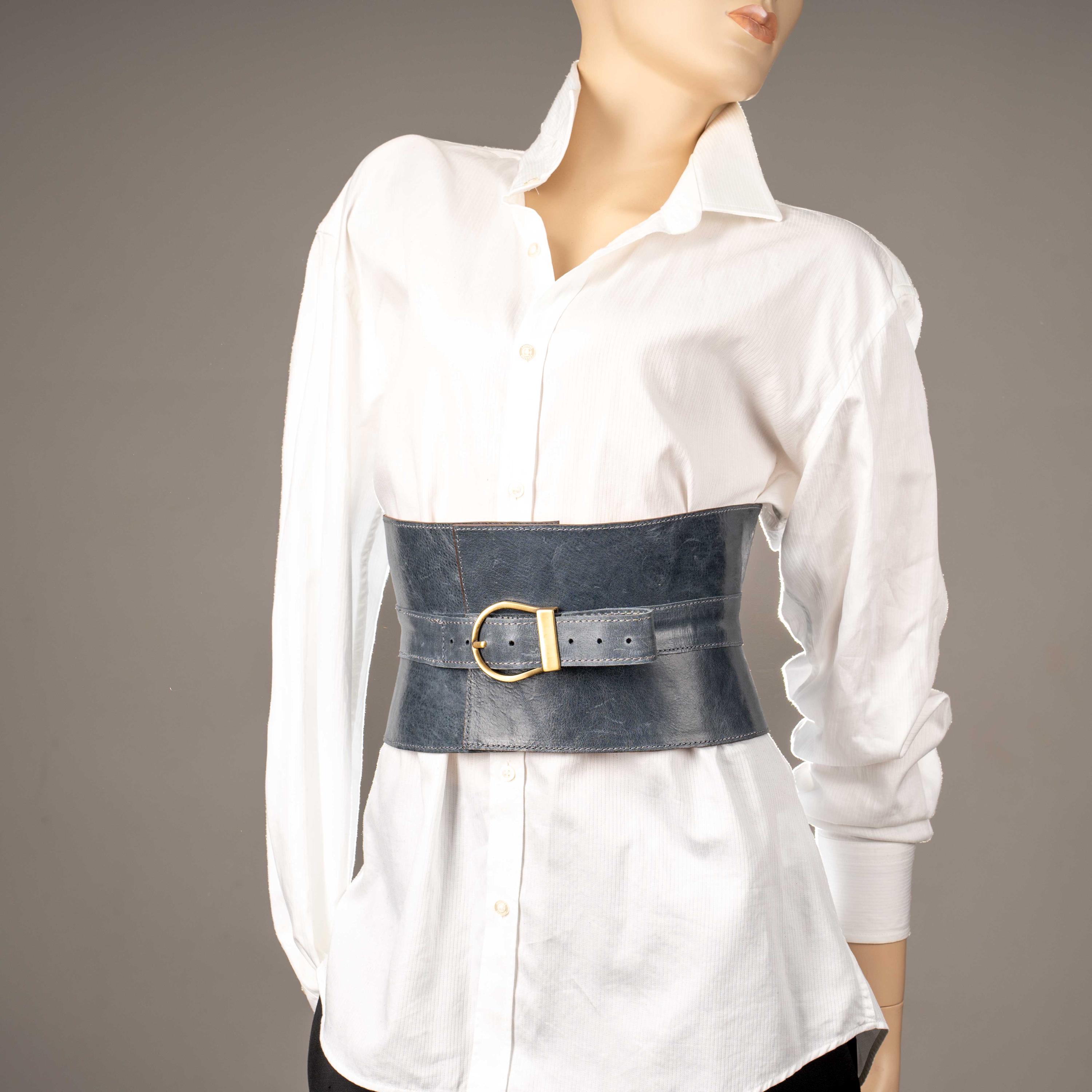 Wide Blue Leather Corset Belt: Vintage Style Buckle - XS