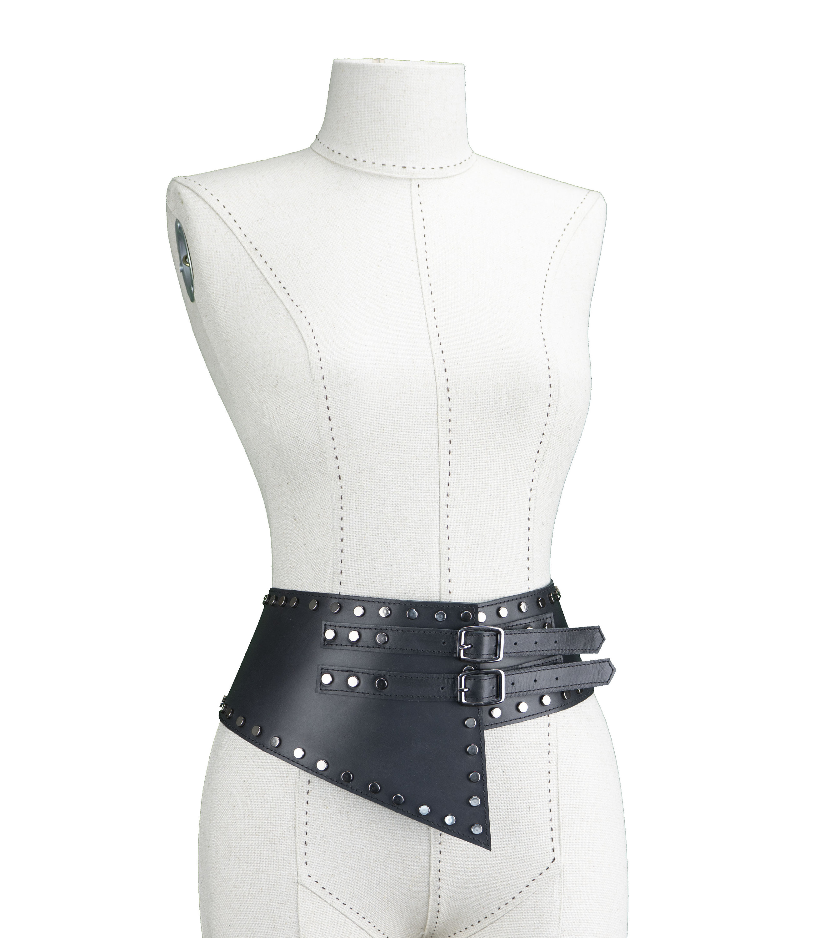 Leather Studded Duo Buckle Belt, Wide Waist Corset Belt