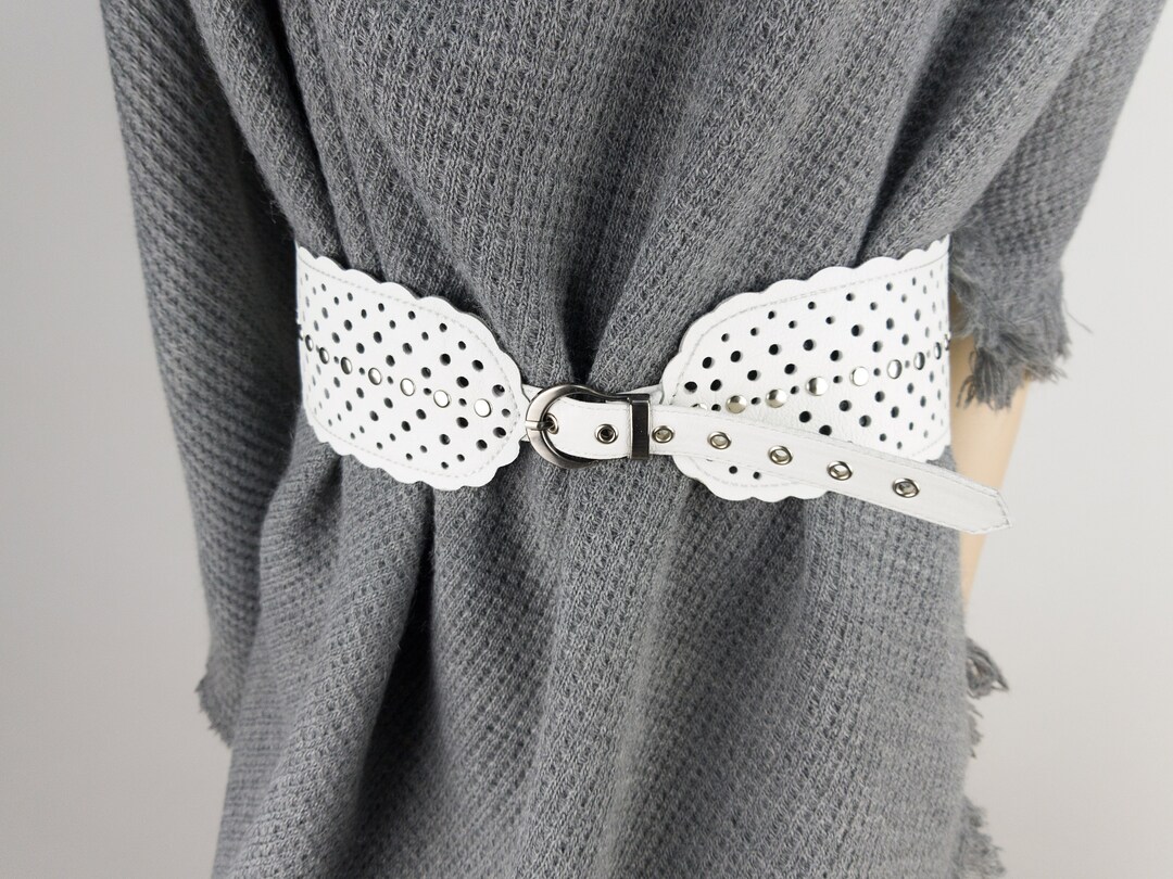XS - 3XL Western White Leather Women Belt, Wide Carved