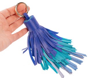 Portachiavi con frange fatto a mano in pelle con ciondolo a forma di nappa per borsa, viola, blu e verde acqua
