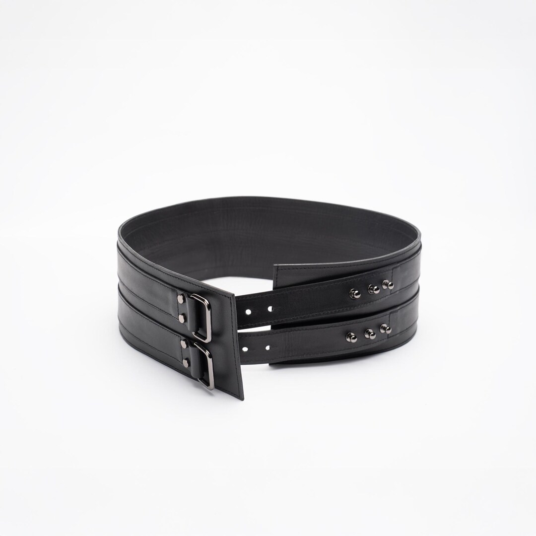 Wide Leather Corset Belt, Double Buckle Waist Cincher, Black Metal