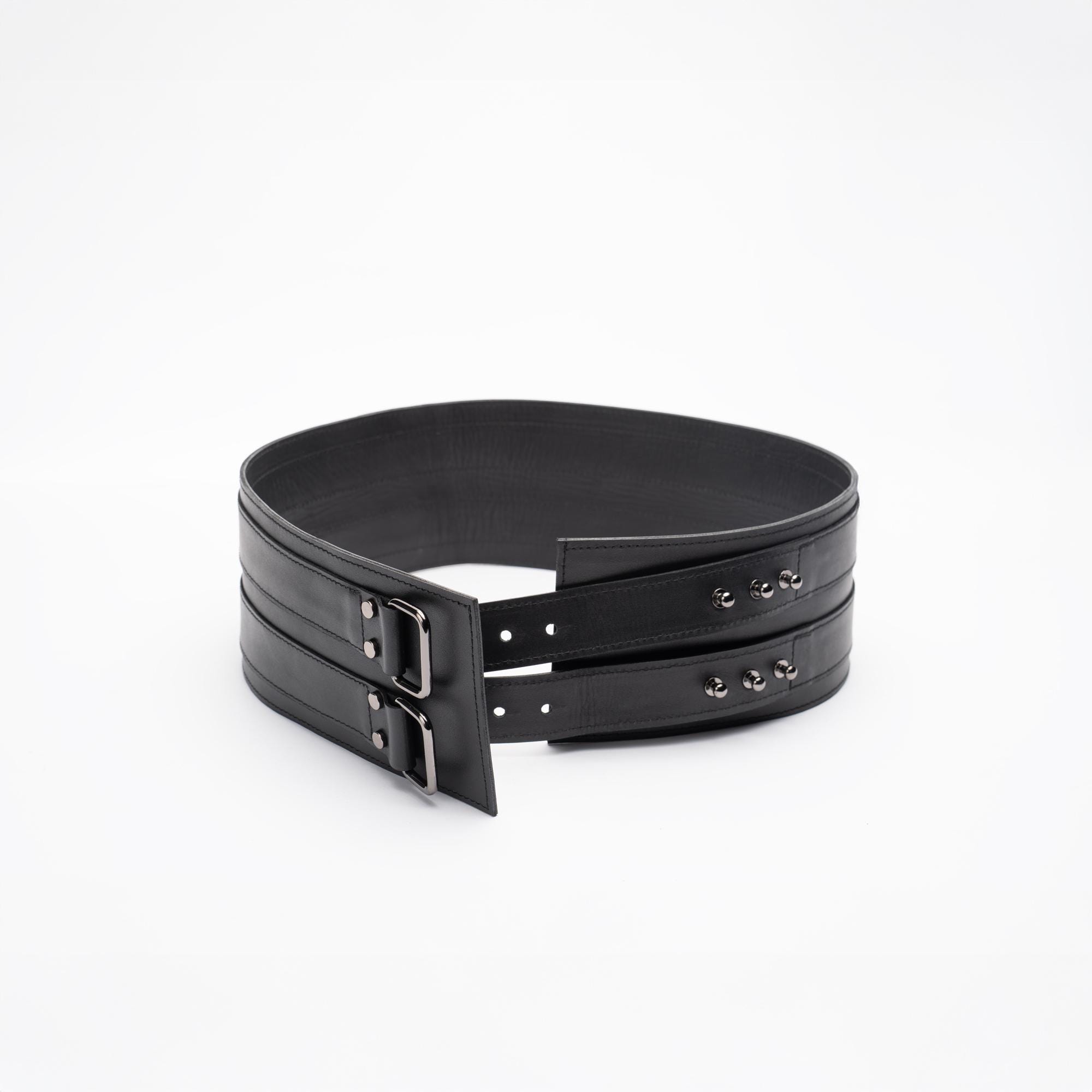 Wide Leather Corset Belt, Double Buckle Waist Cincher, Black Metal