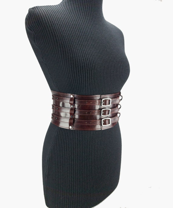 Brown Leather Corset Belt With Three Buckles Wide Adjustable Waist