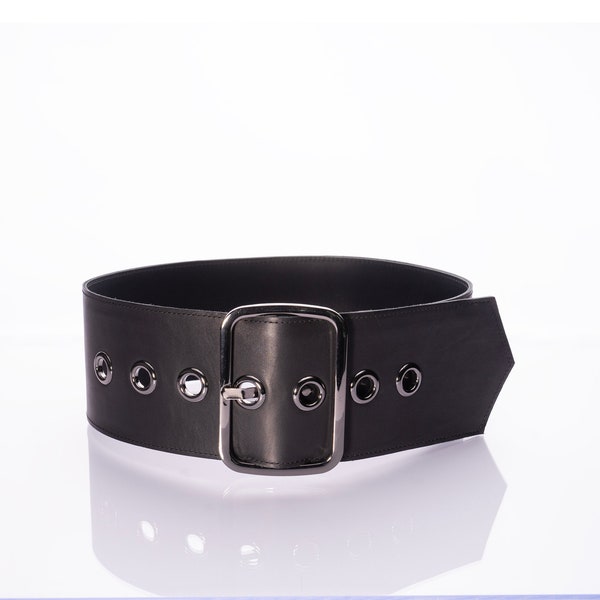 Wide 4 inch (10 cm) leather large square buckle belt. Plus size belt