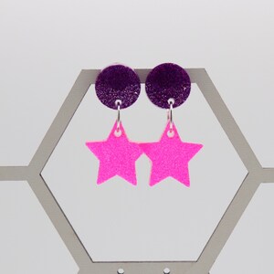 Neon Pink & Purple Star Drop Dangle Lightweight Earrings
