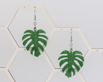 Forest Green Glitter Palm Banana Leaf Tropical Lightweight Dangle Earrings