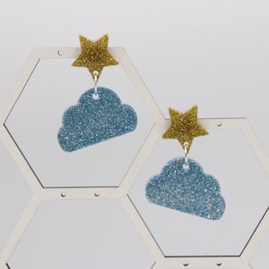 Silver Blue Glitter Asymmetrical Clouds with Gold Glitter Star Dangle Earrings