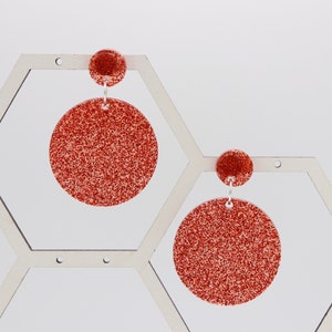 Ruby Red Glitter Disc Dangle Drop Lightweight Earrings
