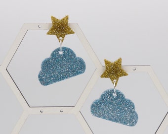 Silver Blue Glitter Asymmetrical Clouds with Gold Glitter Star Dangle Earrings