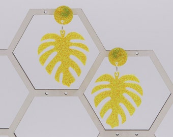 Lemon Lime Glitter Banana Palm Leaf Tropical Drop Dangle Lightweight Earrings