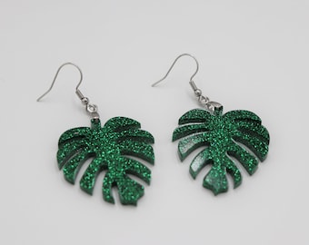 Deep Green Glitter Palm Banana Leaf Tropical Summer Lightweight Hook Dangle Drop Earrings