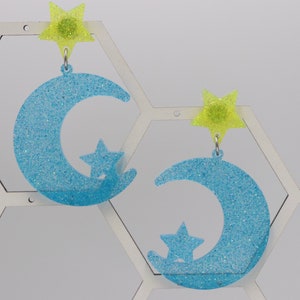 Celestial Stars and Moon Blue Yellow Clear Dangle Lightweight Earrings