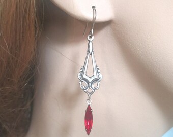 Vintage style steel and red crystal earrings | Victorian style earrings | red dangling earrings