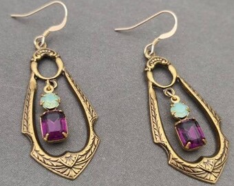 long Victorian style earrings in bronze-colored metal, gold hooks & turquoise and purple crystal [Isolde]