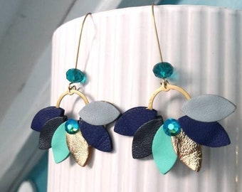 Blue and gold leather petal earrings | Leather fan earrings | Festive Earrings | Evening jewelry