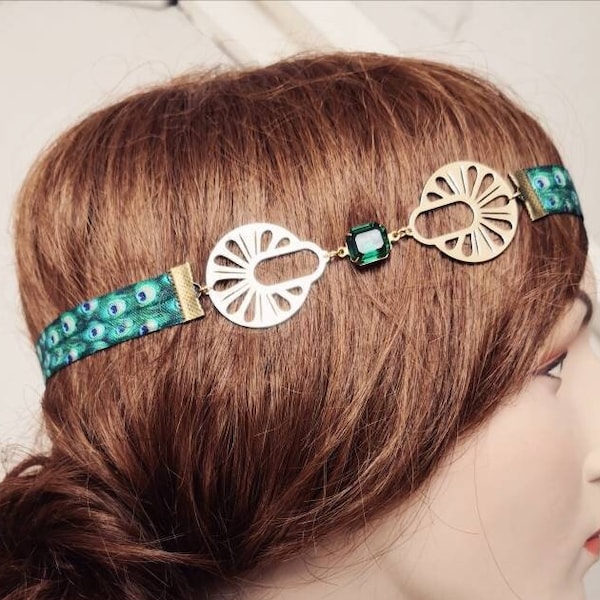 Headband style Art Déco motif paon | accessoire de coiffure cérémonies | bijou de tête émeraude | headband femme | Gatsby headband
