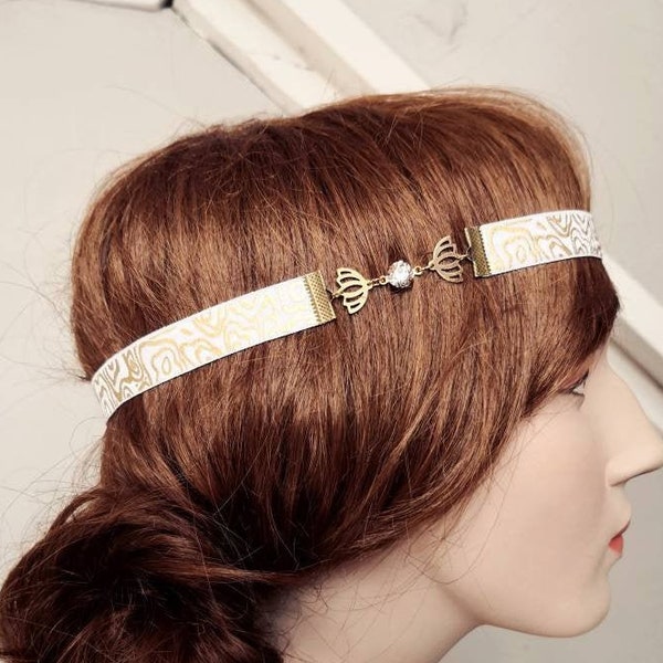 Headband lotus blanc et or monté sur ruban élastique | headband femme| Gatsby headband | headband Art Déco