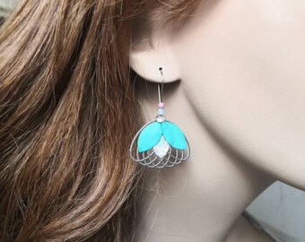 Silver steel earrings | Turquoise leather earrings | Glitter earrings| lotus earrings