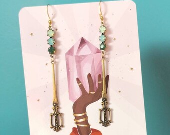 long vintage style earrings [Viviane] in bronze-colored metal and green or pink crystal | Victorian style