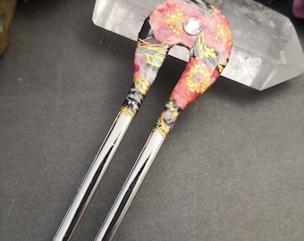 Metal hair stick decorated with Japanese paper and crystal, bun stick, hair stick
