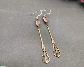 boucles d'oreille longues style Art nouveau en métal couleur bronze & cristal vintage rose [Meredith]