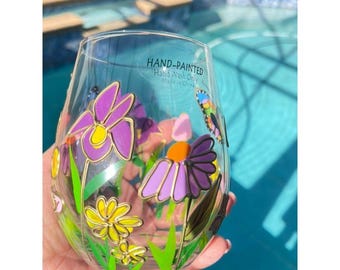 Set med 2 handmålade vinglas utan stjälk, blommiga fjärilsglas för vår och sommar