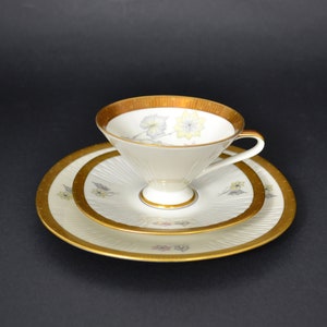 Vintage Three Piece Bavaria Germany Porcelain Tea Set or Coffee Set by Zeh Scherzer - Off-White with Flowers Leaves and Gold Rim  (2960C)