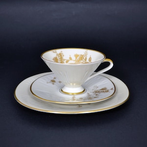 Vintage Three Piece Bavaria Germany Porcelain Tea Set or Coffee Set by Zeh Scherzer - Off-White with Flowers Pattern and Gold Rim  (2961C)