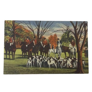 Carte postale vintage de chasse au renard équestre des années 1940, des années 1950, chevaux de chasse Virginia Hunt, lin non utilisé, non affiché, collection sportive Art déco