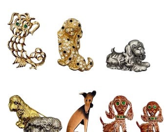 May include: A selection of vintage dog brooches in diverse designs and materials. The brooches feature a gold-coloured dog with green eyes, a rhinestone-covered dog, a silver-toned dog, and other dogs in various poses and colours.
