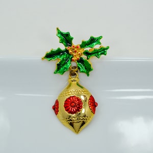 Signed Christmas Ornament Brooch With Holly Leaves and Berries by AAi, Dangling Pin Brooch, Vintage Holidays Designer Jewelry (3032C)