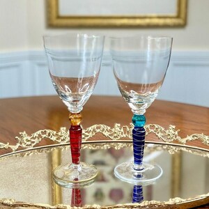 Pier 1 Orbit Spice Water Goblets, Red and Blue Stem, Swirl Details, Set of 2