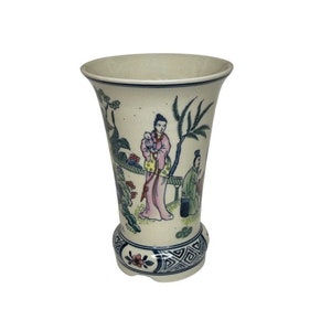 Chinese Hand Painted Glazed Porcelain Ceramic Vase Sand Tone with Multicolor People and Floral Pattern Family and Social Scenery Vintage