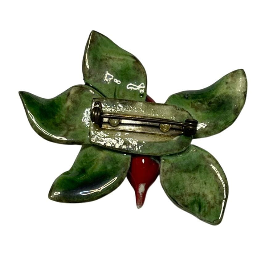 Broche Vintage Porcelaine émaillée - Tons Marron, Vert, Bleu, Métal Doré, Occasion