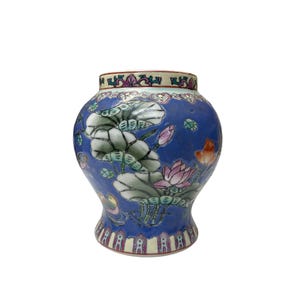 Chinese Hand-Painted Enameled Porcelain Vase with Lotus Flowers and Birds | Blue Decorative Vase for Home Decor | Vintage Asian Art Vase