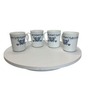 Vintage Corning Ware Corelle Blue Hearts Pattern Coffee Mugs Set of 4, Cottagecore Farmhouse Kitchen Decor, Made in USA, Microwave Safe